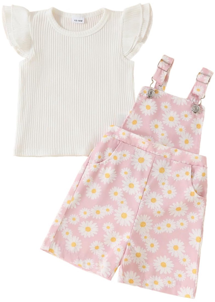 SnelShoppen - LUVCES Babykleding Meisjes, Zomer Geribbelde Top Korte Mouwen en Shorts met Bandjes, 2 Stuks Kinderset Roze Bloemenprint 18-24 Maanden,