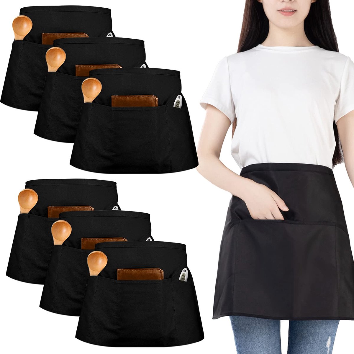 Dailygoods - 6-Packs Waterproof Waist Apron met 3 Pockets voor Koken en Schoonmaken
