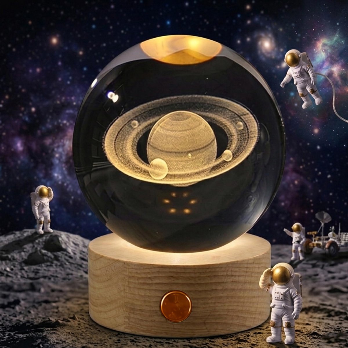 Dailygoods - Saturnus Kristallen Bol - Planeet Lamp met Houten Basis