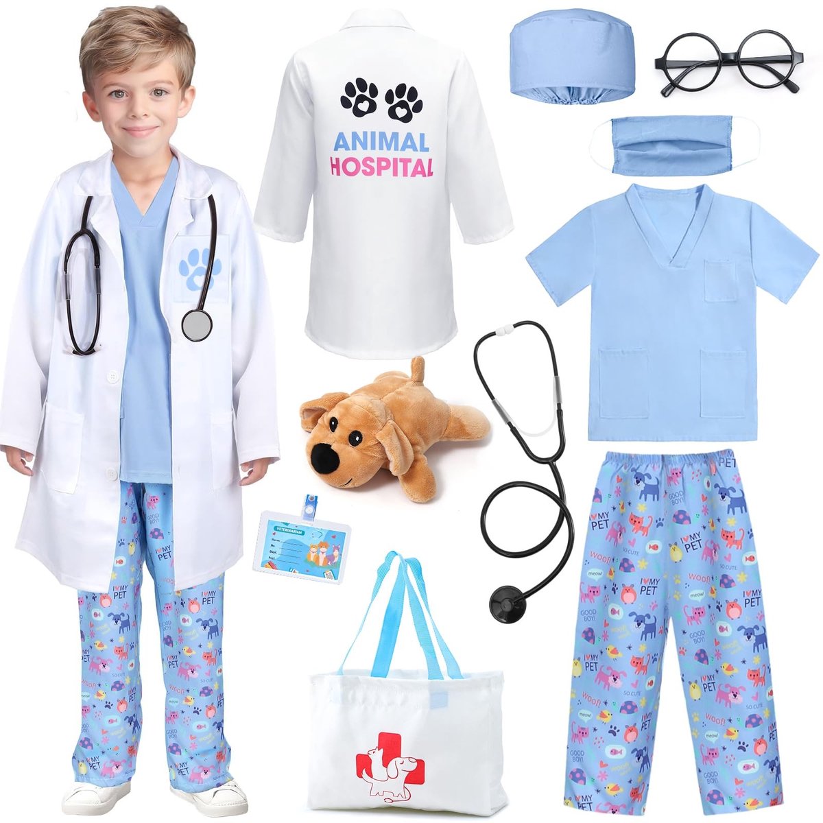 Dailygoods- Dierenarts Kostuum - Inclusief Shirt/Broek/Witte Jas - Stethoscoop - Dierenarts Tas - Rollenspel - Geschikt voor Kinderen - Verkleedkostuum