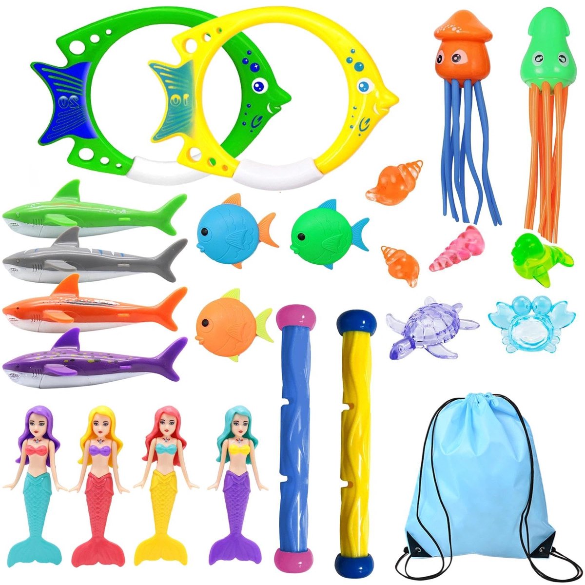 SnelShoppen - 25 stuks onderwaterduikringen, duikringen voor zwembad, zeemeerminnen, haaien, inktvissen, edelstenen, zeedieren met opbergtas, voor kin