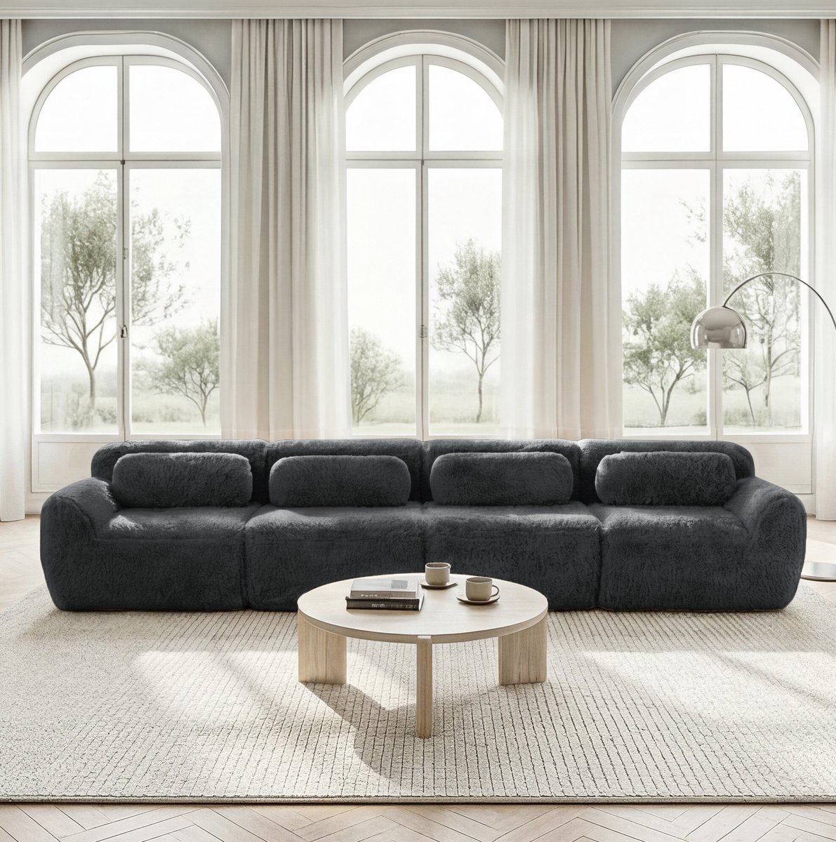 COVREO 4-zits modulaire bank 378 x 104 x 73 cm - grijs pluche, met kussens, zonder montage