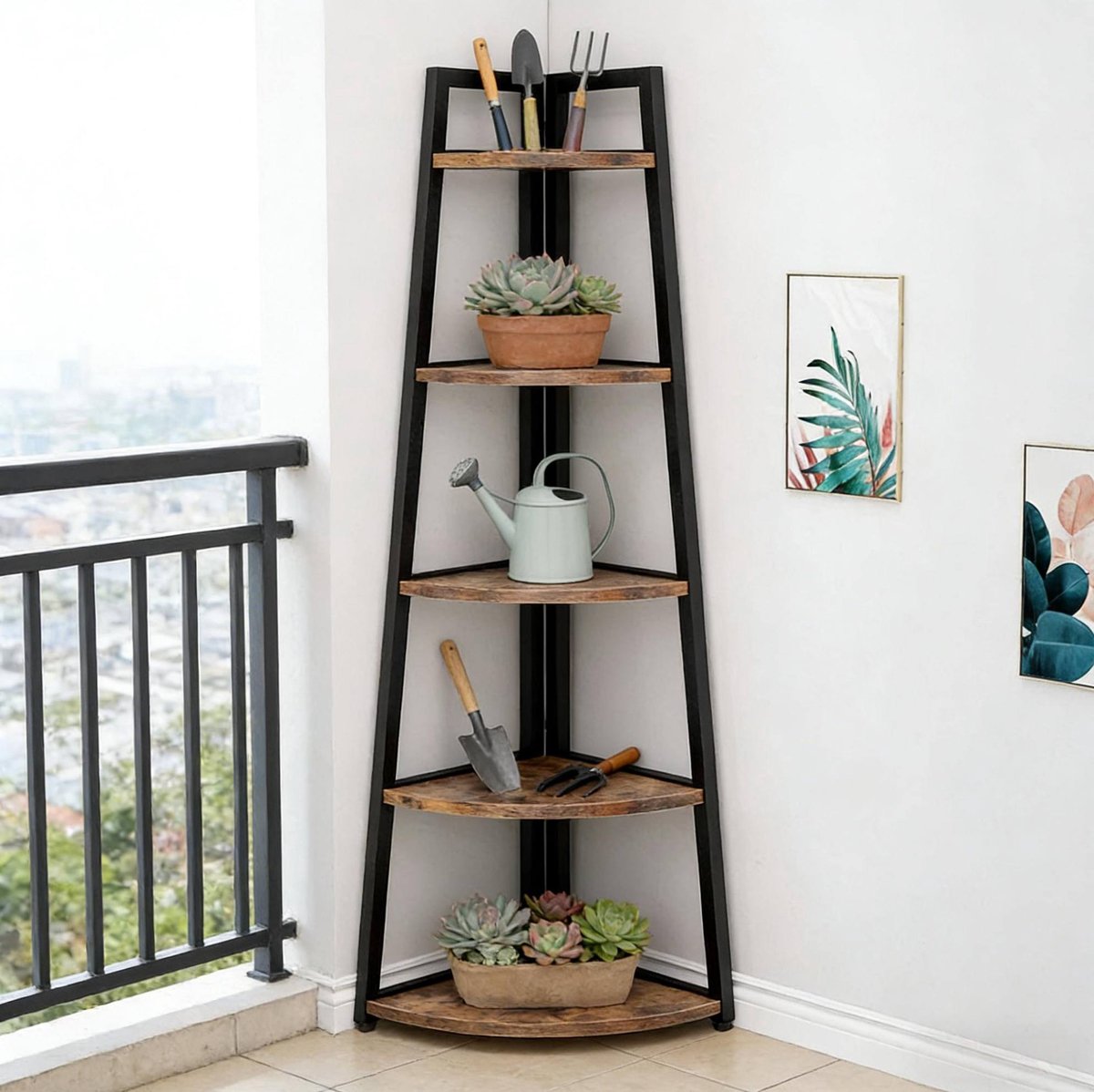 REDOM - Ladderkast - 5 legplanken - Hoekrek vrijstaand - Open opbergruimte - Woonkamer slaapkamer keuken badkamer - Metaal en hout - Zwart en Bruin - 66 x 25 x 178 cm