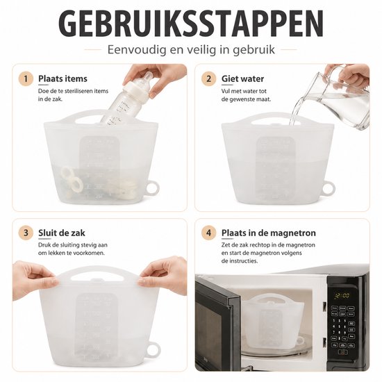 Herbruikbare Siliconen Magnetron Sterilisatiezak 1500ml - Babyfles Sterilisator voor Flessen, Speen en Borstkolf - Draagbare Stoom Sterilisatiezak voor Babybenodigdheden - Wit — afbeelding 2