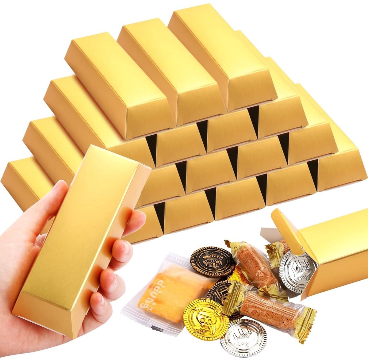 longziming -20 Stuks Goudstaaf Cadeaudoosjes - Gouden Snoepdoosjes - Traktatie Doosjes - Geschenkverpakking voor Feestjes, Verjaardagen en Themafeesten - 14,5 × 5 × 3 cm