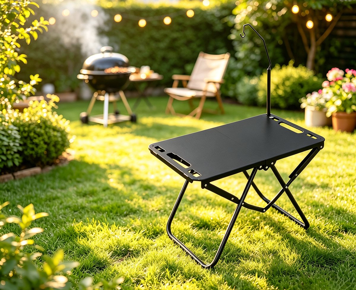 Opvouwbare draagbare barbecuetafel met lantaarnhouder geschikt voor barbecueën kamperen buiten koken reizen en picknicken Afmetingen 58x36x40 cm Zwart