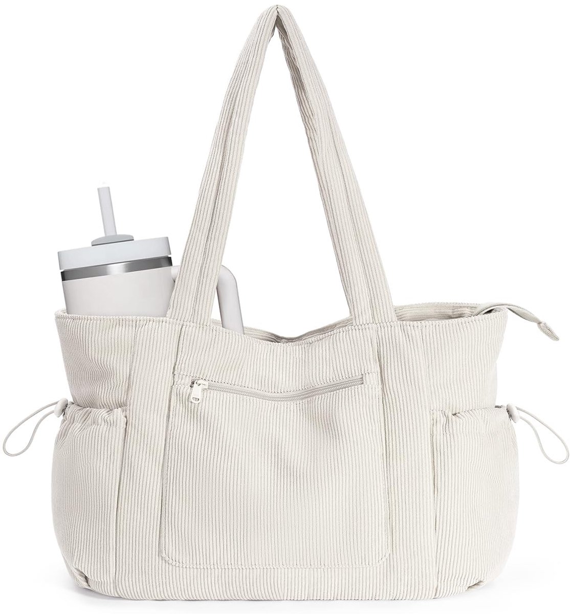 SnelShoppen - Dames Corduroy Tote Tas Groot - 15.6'' Laptoptas met Gevoerd Compartiment - 8 Vakken en Flessenzakken - Casual Shopper Tas voor Universi