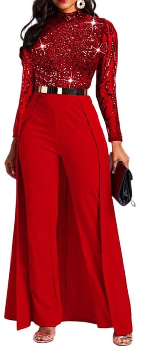 SnelShoppen - Effen jumpsuit dames met lapjespatroon, hoge taille, vrouwelijke romper in XXL voor feesten, casual uitjes en dagelijkse stijl
