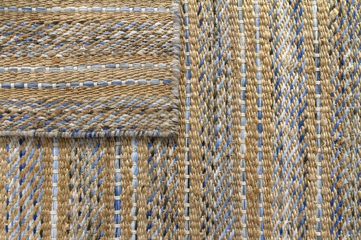 SnelShoppen - Set van 2 handgeweven wollen en jute tapijten, blauw geaderd, perfect voor woonkamer en slaapkamer, 40 x 60 cm, natuurlijk materiaal, tr