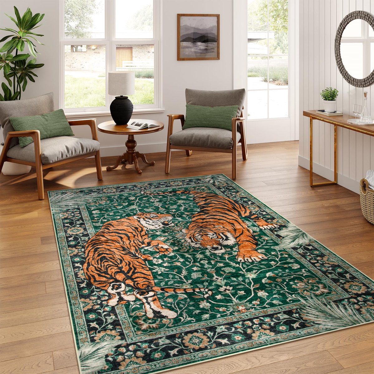 SnelShoppen - Wasbaar Boho Tapijt 5x7 cm, Antislip Groene Vintage Vloerkleed, Zachte Vlekbestendige Tapijt voor Slaapkamer, Eetkamer en Kantoor