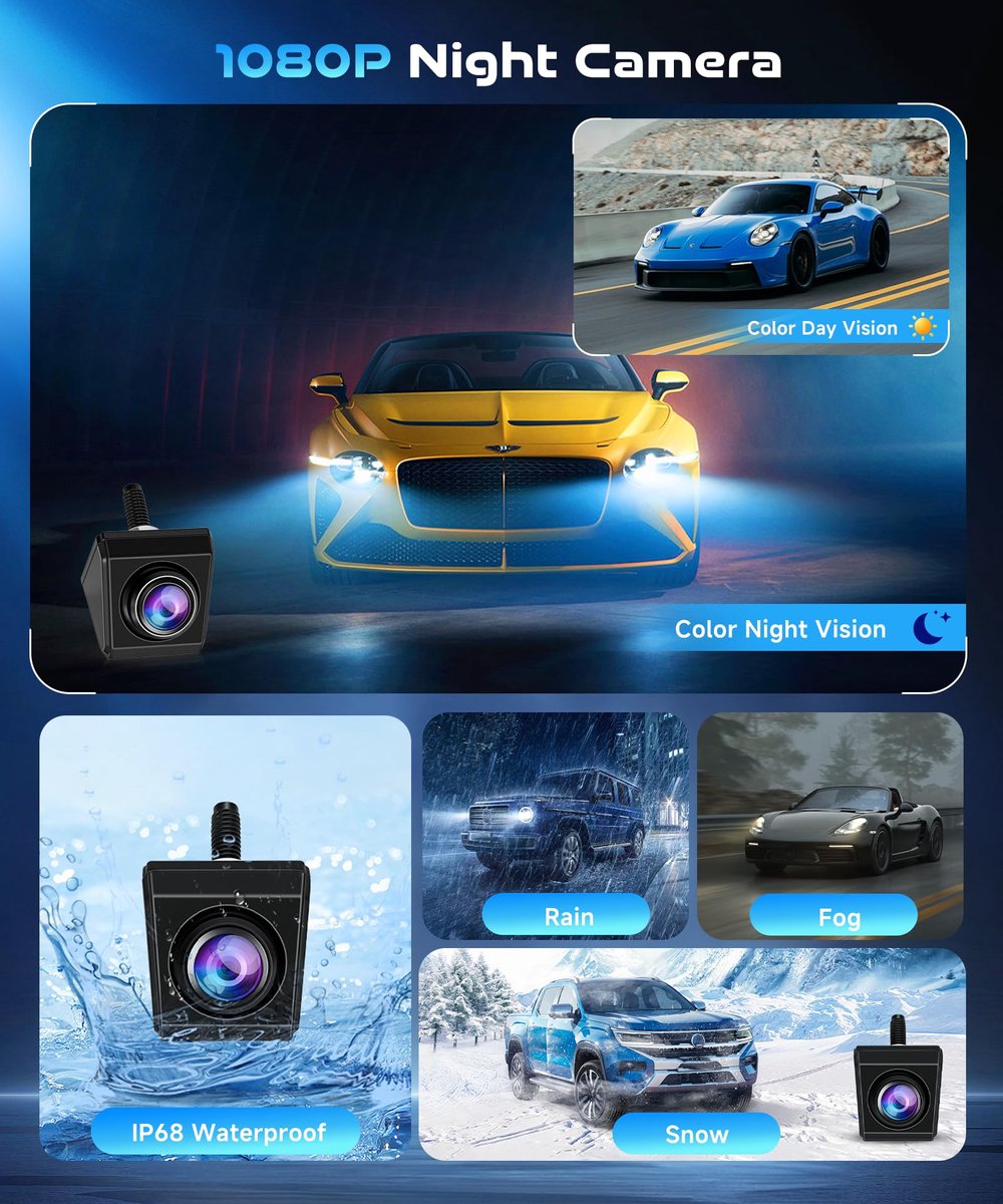 SnelShoppen - Draadloze Achteruitrijcamera 1080p 12V met 4,3 Inch IPS-beeldscherm, Nachtzicht, IP68 Waterdicht & Doe-Het-Zelf Richtlijnen voor Auto, C