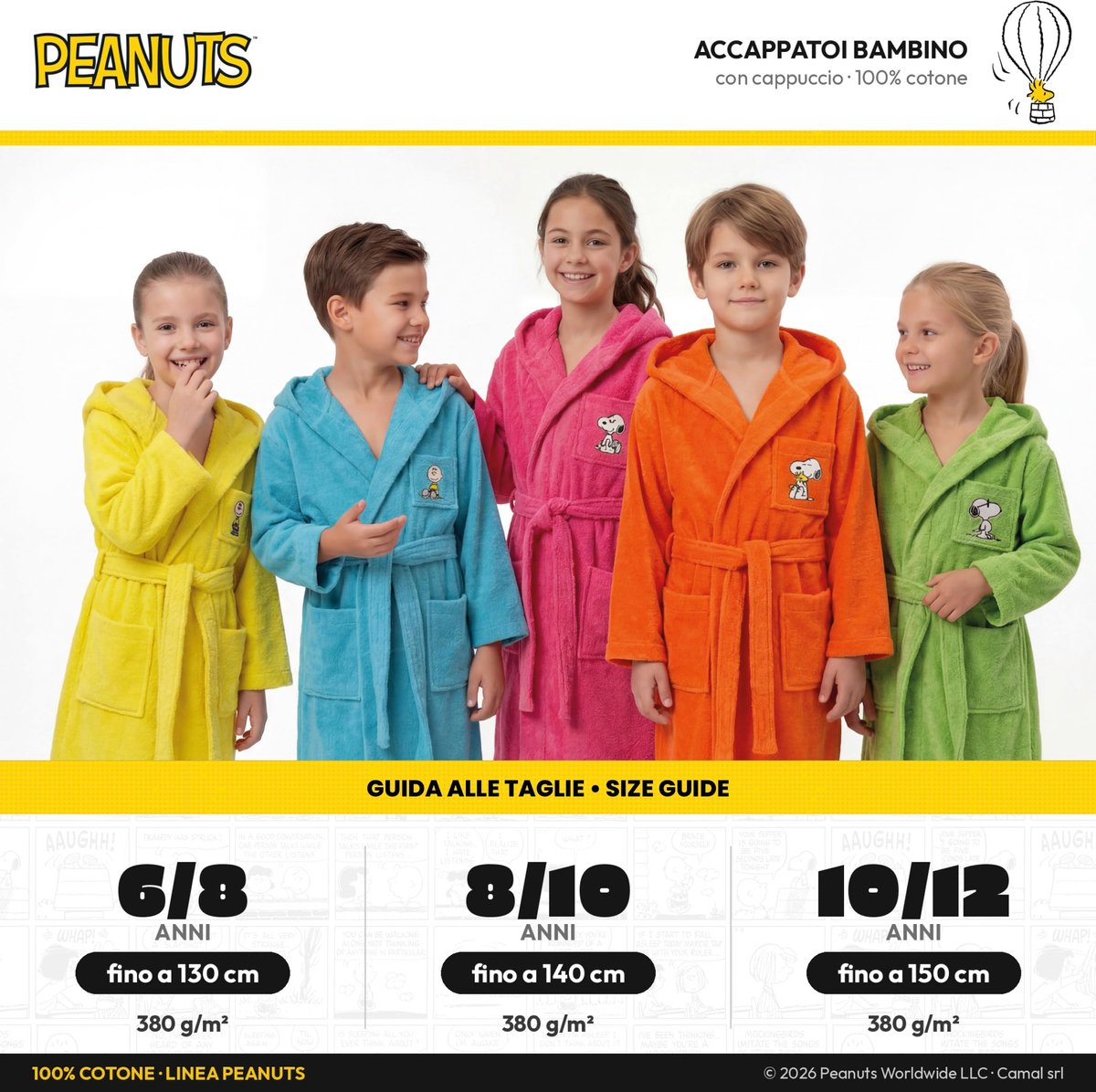 SnelShoppen - Peanuts Snoopy Badjas voor Kinderen met Capuchon, Katoenen Badstof, Geborduurde Zak, Oranje, Maat 8/10 Jaar voor Thuis, Zwembad of Vakan