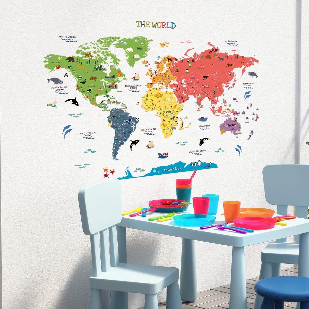 SnelShoppen - Grote educatieve wereldkaart met dieren, landen en nationale vlaggen voor kinderen, muurstickers, decoratie voor kinderkamer, speelkamer