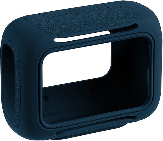 Donkerblauwe siliconen hoes voor JBL Go 5 speaker, met uitsparingen voor knoppen en luidspreker.