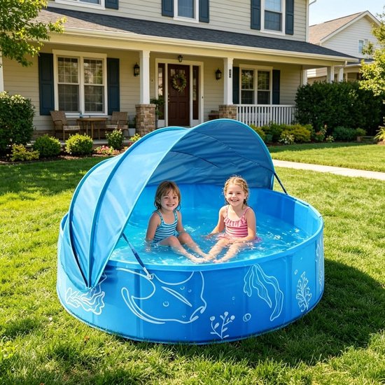 Kinderbadje Met Zonwering - Opblaasbadje Buitenbad - Zomerse Waterpret - Opvouwbaar En Draagbaar - 120x30cm - Blauw — afbeelding 4