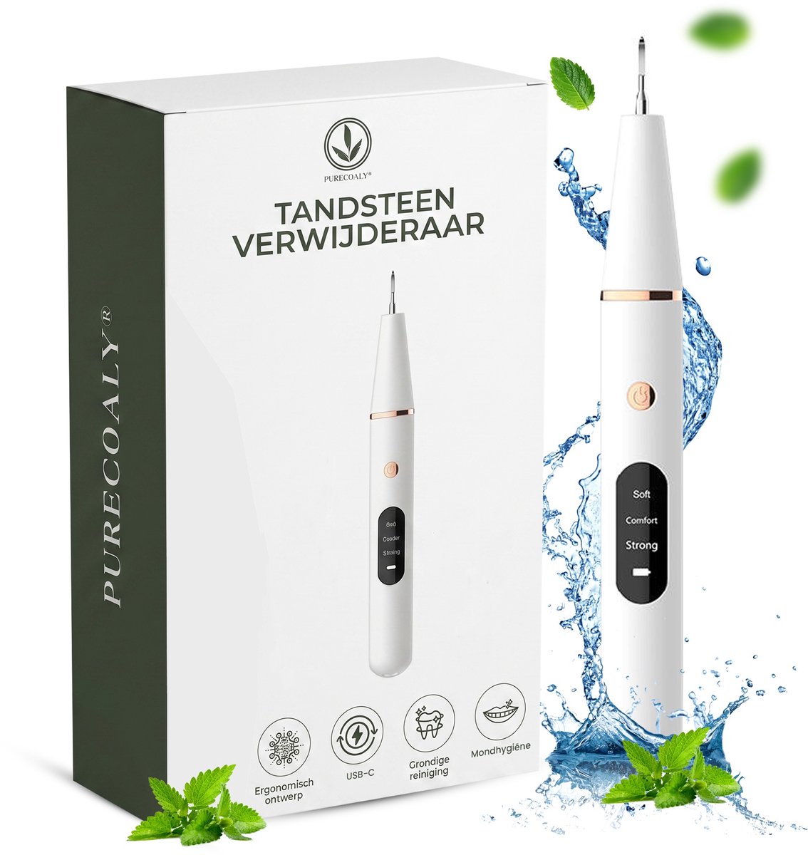 Purecoaly® Elektrische Tandsteenverwijderaar – Tandreinigingsset met 2 Opzetstukken – USB-C Oplaadbaar – Geschikt voor Tandsteen, Tandplak & Verkleuringen – Wit