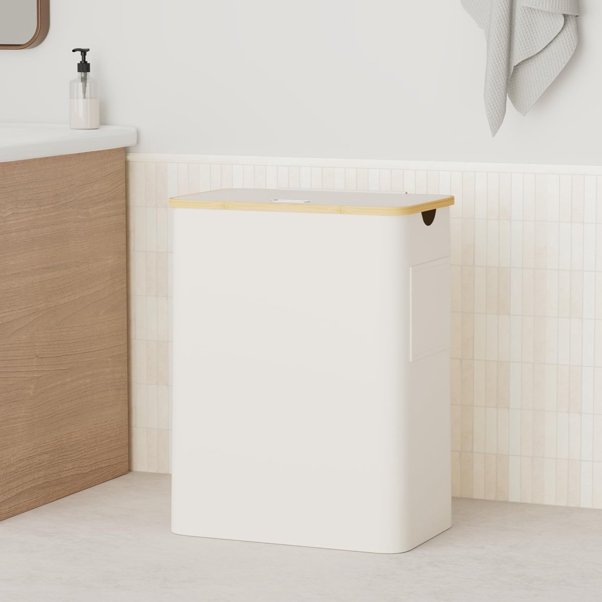 SnelShoppen - Wasmand met deksel, 3 vakken, 158 l, wassorteerder van 600D Oxford-weefsel, afneembare waszak, beige, wasbox voor woonkamer, badkamer, k
