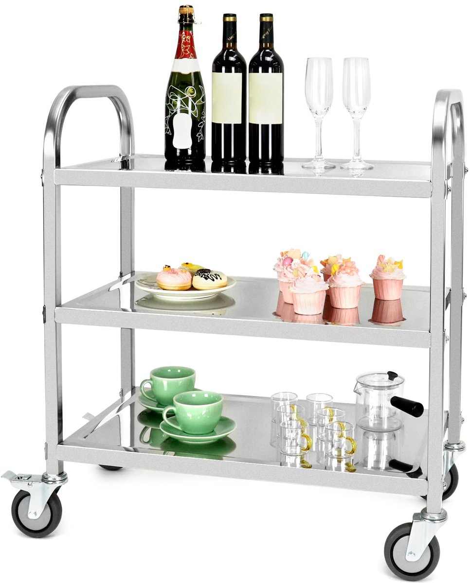 SnelShoppen - 3-laags RVS serveerwagen, theewagen, schoonmaakwagen met geremde zwenkwielen, ideaal voor keuken, hotel, restaurant (75 x 40 x 83,5 cm)