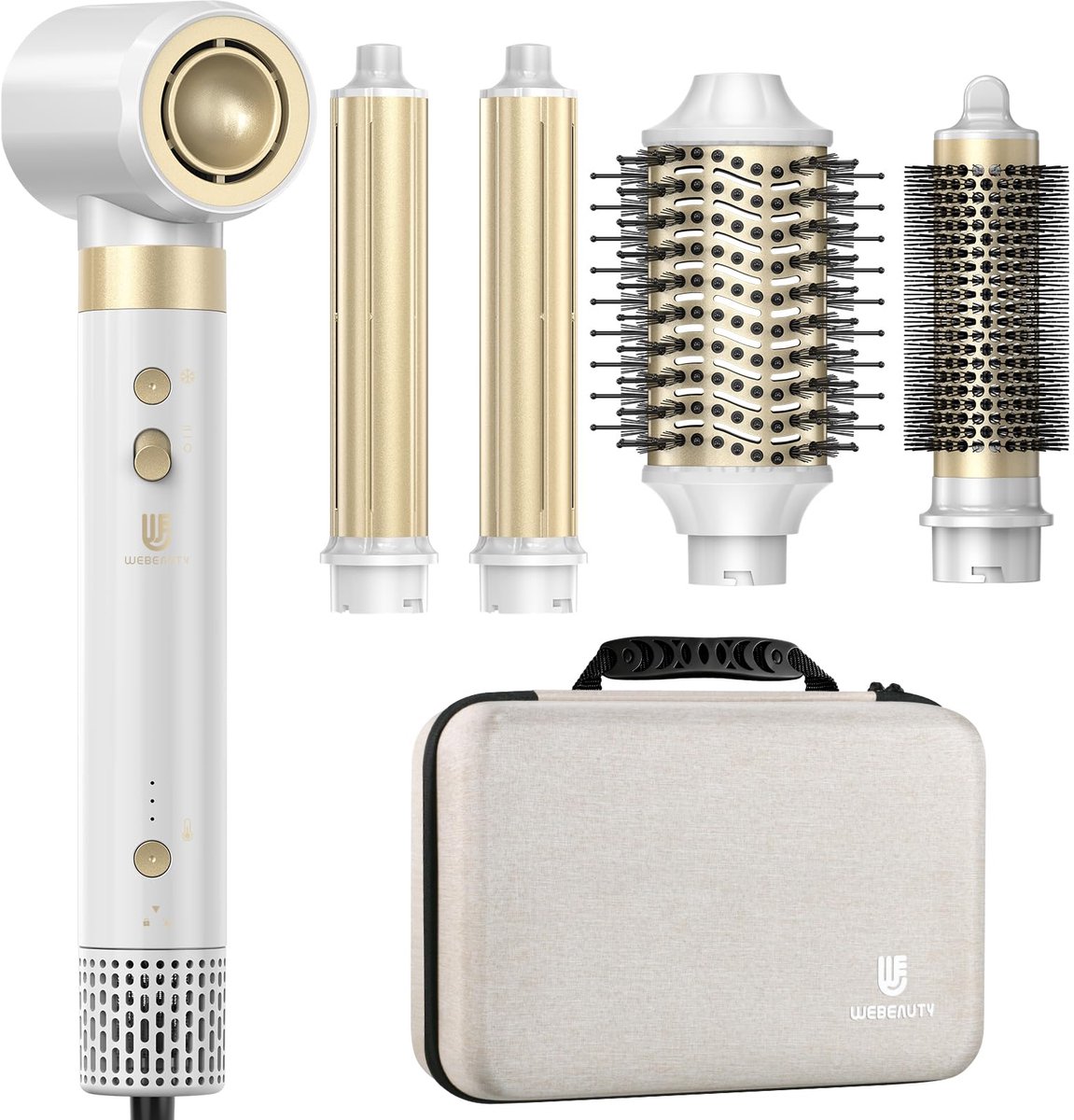 SnelShoppen - 6-in-1 Haarstyler Föhn met Warme Luchtborstel, Ronde Föhnborstel, Air-Krultangen, Dual Voltage, 110.000 Omw/min, 500 Miljoen Negatieve I