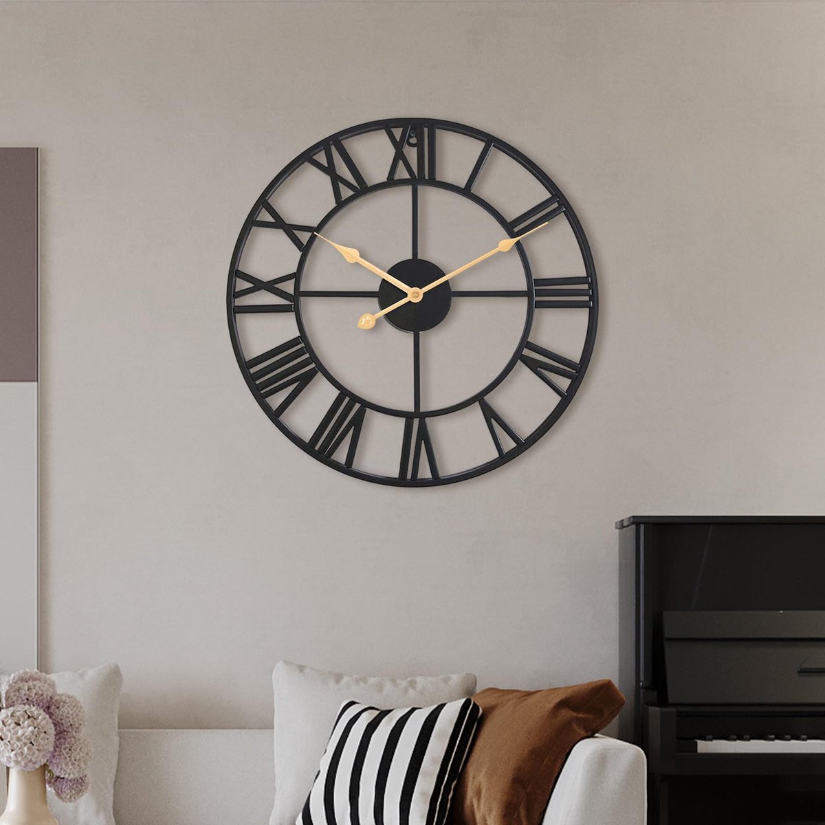 SnelShoppen - Grote Geruisloze Wandklok 60 cm met Romeinse Cijfers, Kwarts Mechanisme, Op Batterijen, Makkelijk Af te Lezen Wandklok voor Thuis, Keuke
