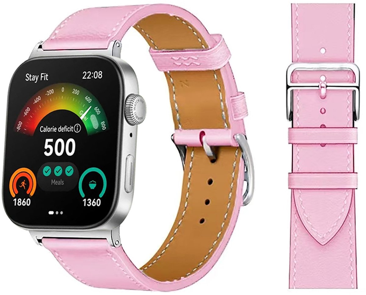 Stravo Premium Slank Leren Bandje – Geschikt voor Huawei Watch Fit 5 / Watch Fit 5 Pro / Watch Fit 4 / Watch Fit 4 Pro / Watch Fit 3 – Dun Leren Horlogebandje met RVS Gesp – Roze