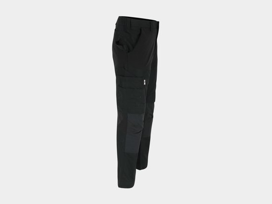 Pantalon de travail noir avec renforts gris foncé et poches cargo.