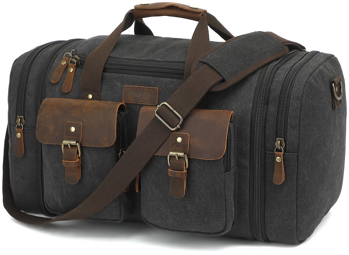 SnelShoppen - Imyth 50L Klassieke Basic Reistas voor Mannen - Weekend Overnachting Tas - Uitbreidbare Canvas & Crazy Horse Lederen Plunjezak - 209_zwa