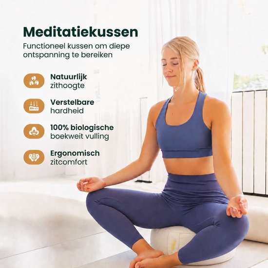 MindBaas - Meditatiekussen - Eco - Rond - Crème Velvet - Dubbel Gestikt - 15 x 33 cm (hoogte x diameter) - Yoga kussen - Yogakussen van Merkloos — afbeelding 2