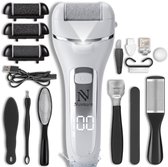 Complete set van de witte Nuvance eeltverwijderaar met 3 extra opzetstukken, USB-C kabel en diverse pedicure-accessoires.