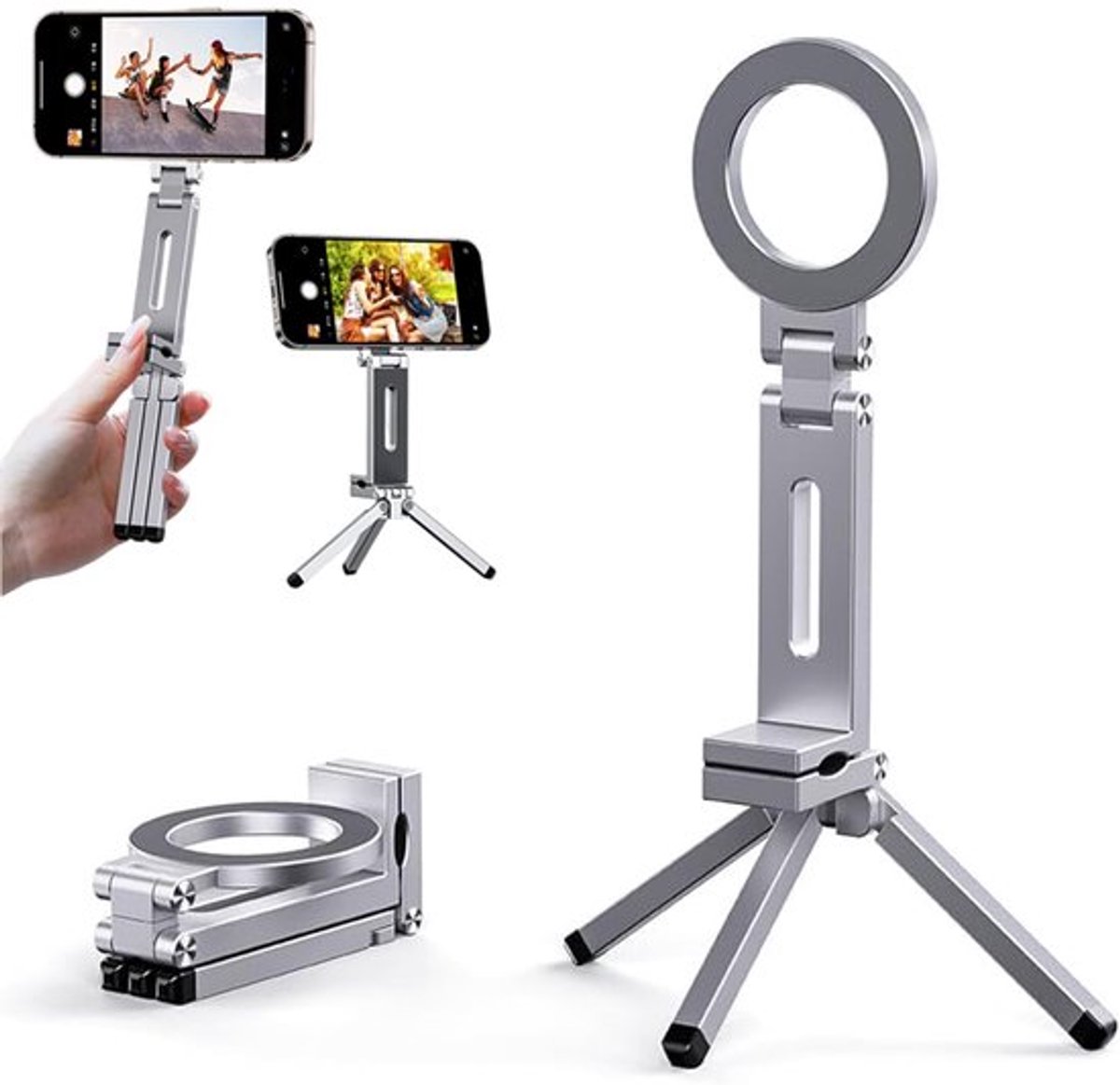 Telefoonstatief 3-in-1 - Magnetisch - Opvouwbaar - Aluminiumlegering - 360° Rotatie - 25 cm Hoogte - Smartphonehouder