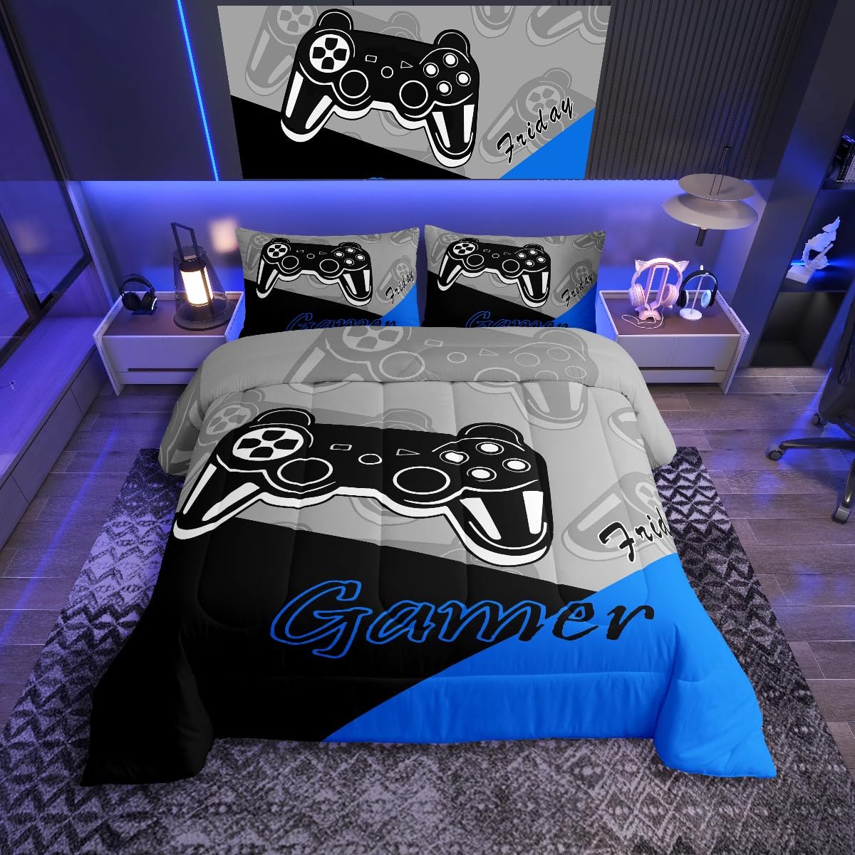 SnelShoppen - Gaming Dekbed Set voor Jongens - Tiener Beddengoed - Gamepad Woondecoratie - Blauw - Dekbed met 2 Kussenslopen - Voor het Hele Seizoen -