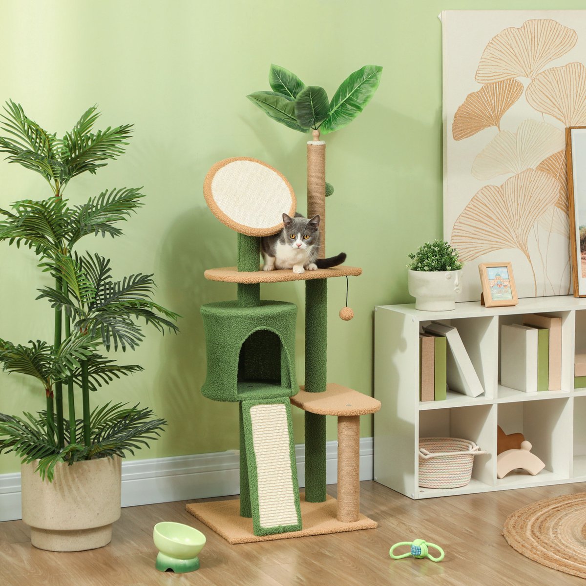 MIVRAY Krabpaal – 139 Cm Hoog, Met Kattenhuisje En Speelballen – Pluche En Sisal – Groen – Voor Klimmen, Krabben En Rust