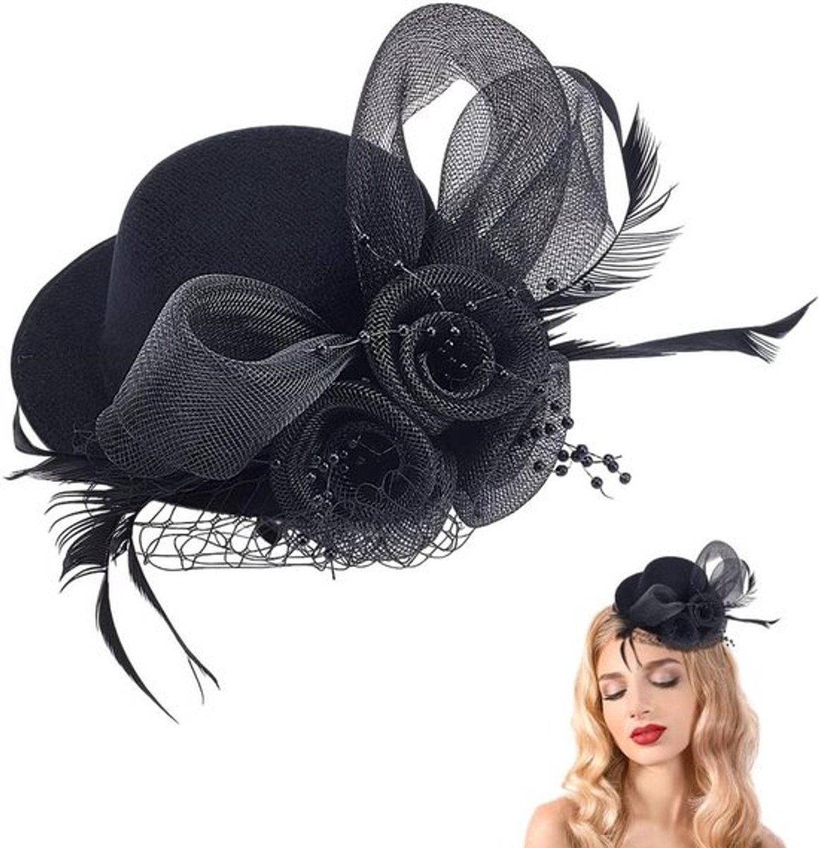 Decoratieve Mini Fascinator Hoeden voor Theekransje - Haaraccessoires voor Meisjes en Vrouwen - Zwart 22,5 x 10.1cm