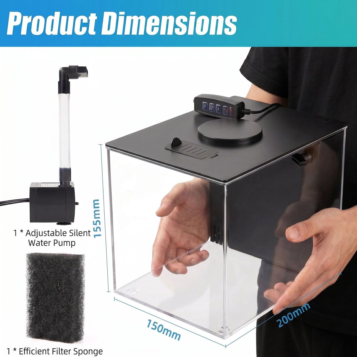 SnelShoppen - Klein Aquarium 3,7 L met Filter en LED-Licht, Compact Acryl Aquarium voor Betta, Bureaudesign Zwart, Afmetingen 20 x 15 x 15,5 cm
