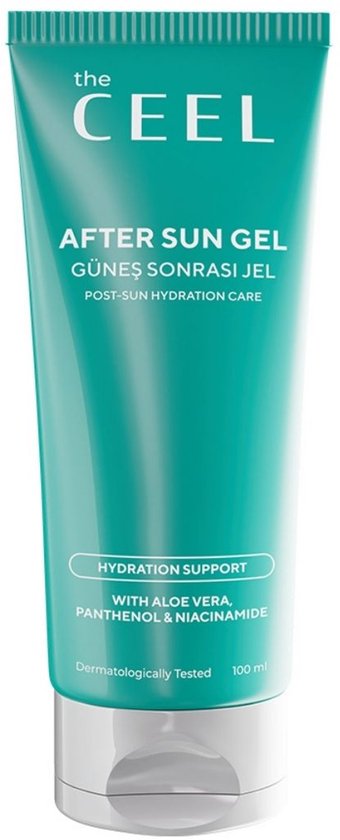 Turquoise tube van 'The Ceel After Sun Gel' met tekst 'Hydration Support' en 'Dermatologically Tested'.