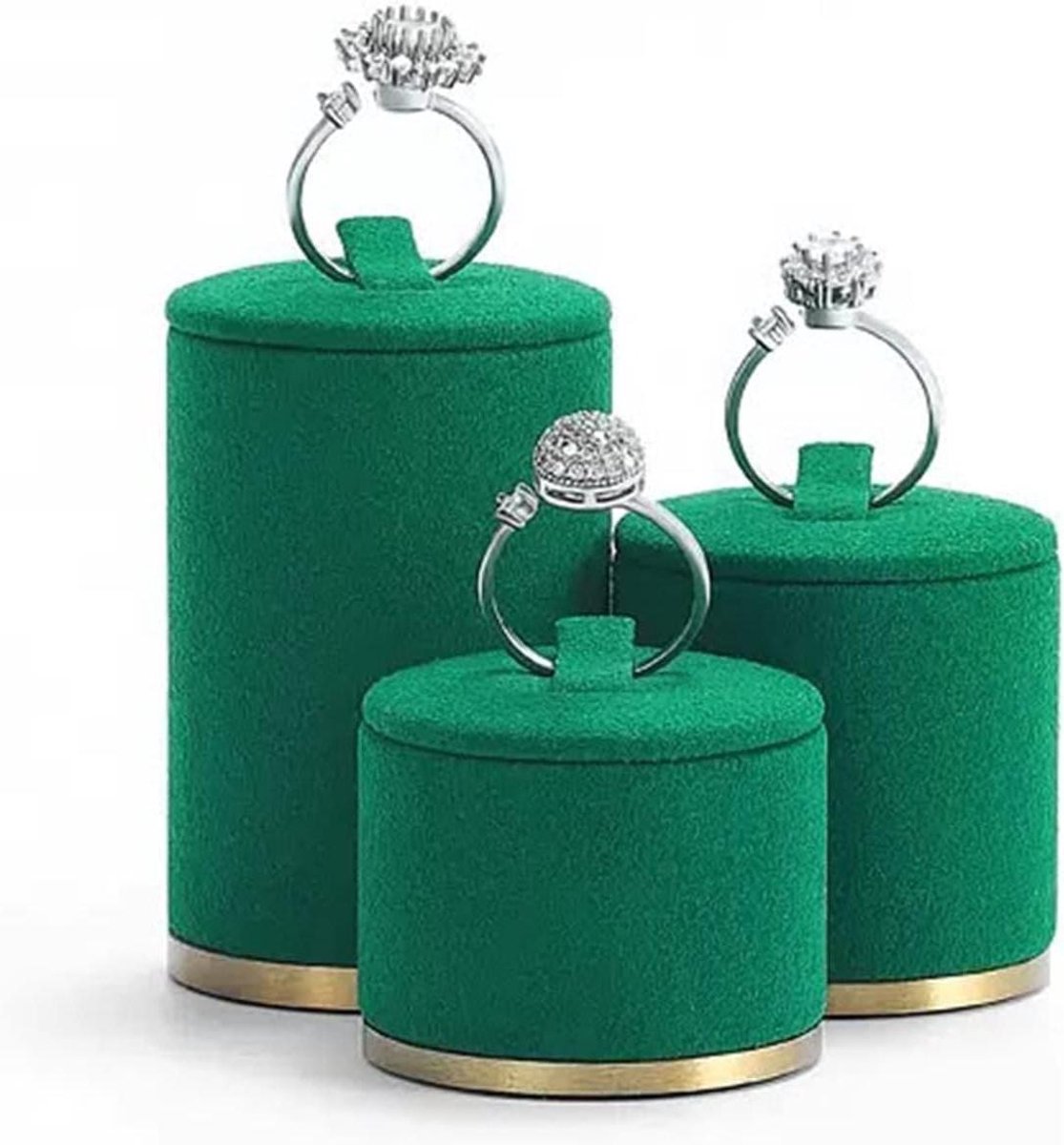 Ringstandaard - Sieradenhouder Display - Sieraden Presenteren - Zachte Microvezel - 3 Cilinders - Groen
