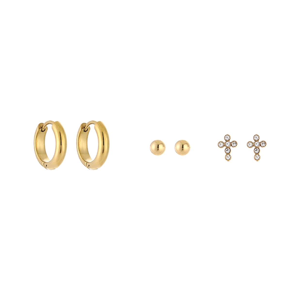 Stainless Steel Zirkonia Kruis, Bolletje & Chunky Hoops Oorbellen Setje – Luxe Curated Ear Set – RVS
