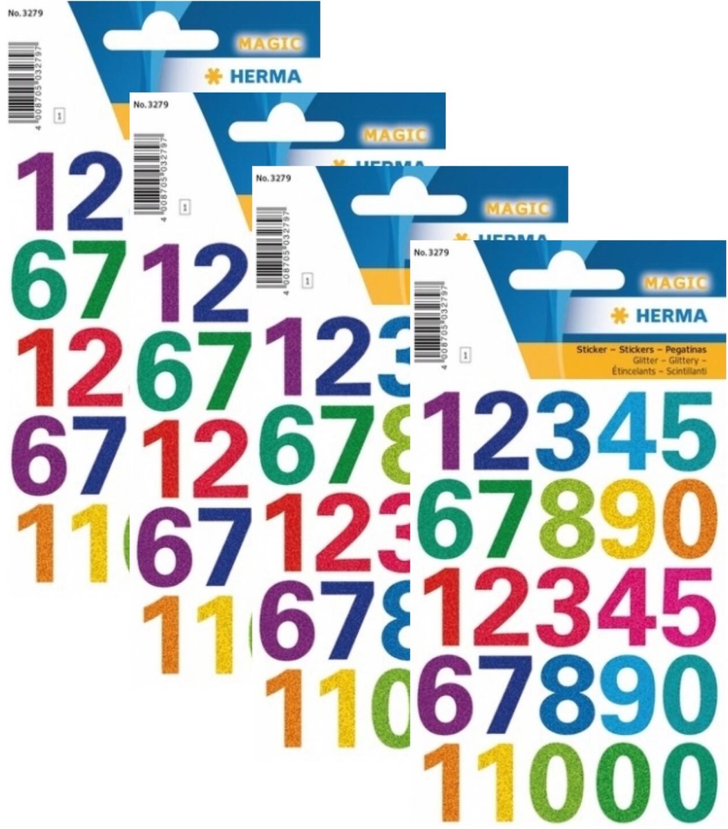 Herma Stickervel nummers glitter - cijfers / getallen - 0 t/m 9 - 4x vellen - gekleurd - 25 mm