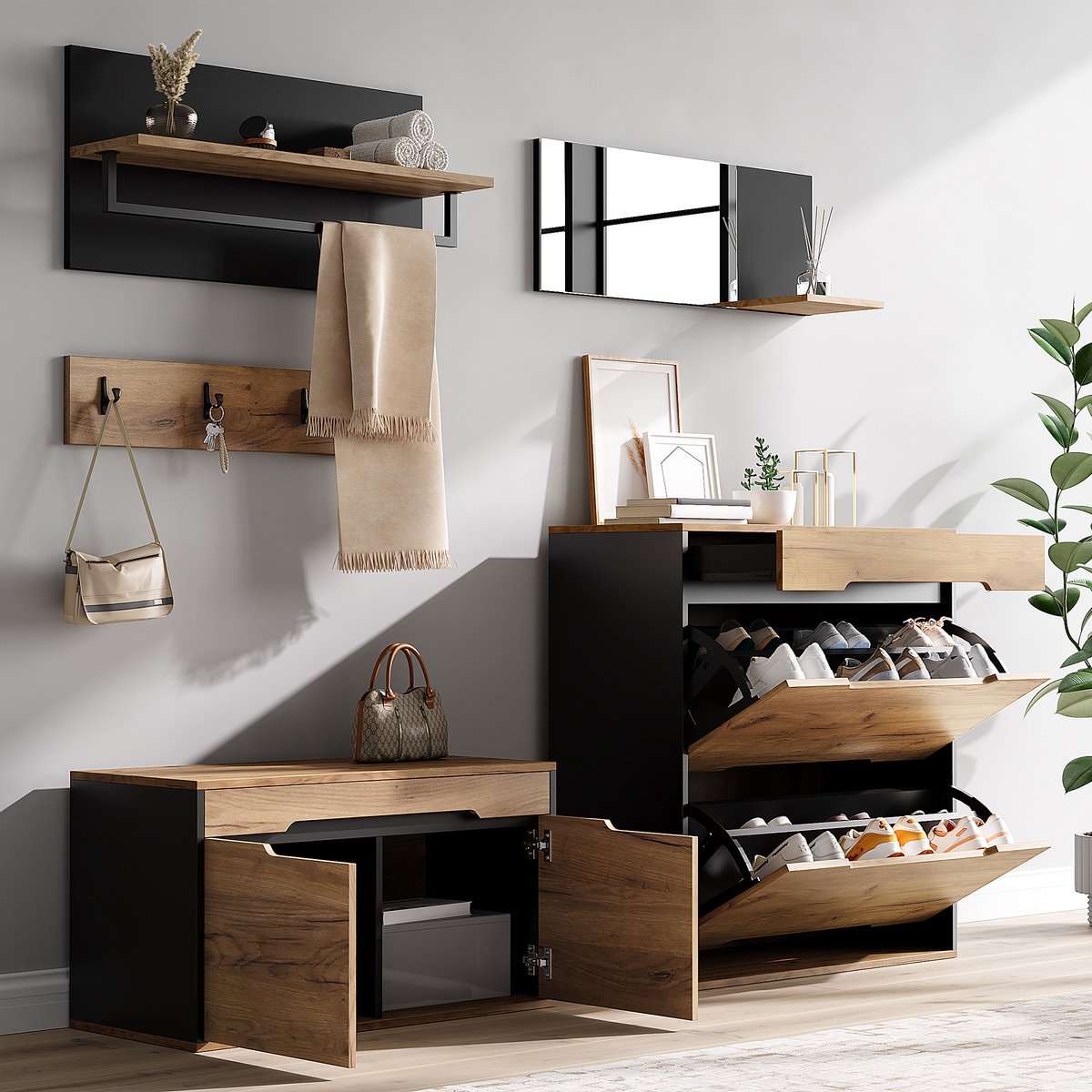 REDOM - Garderobeset met schoenenkast - Modulaire combinatie met 2 klapdeuren, lade, wandplank, 4 haken en spiegel - Modern - Hal - MDF en spaanplaat - Zwart - 156 x 36 x 176 cm