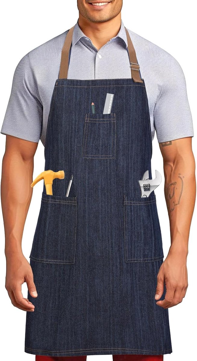 SnelShoppen - Katoenen Denim Schort voor Mannen en Vrouwen, Professionele Chef Schort met Grote Zakken, Verstelbaar Werk Schort voor Koken, Tuinieren,