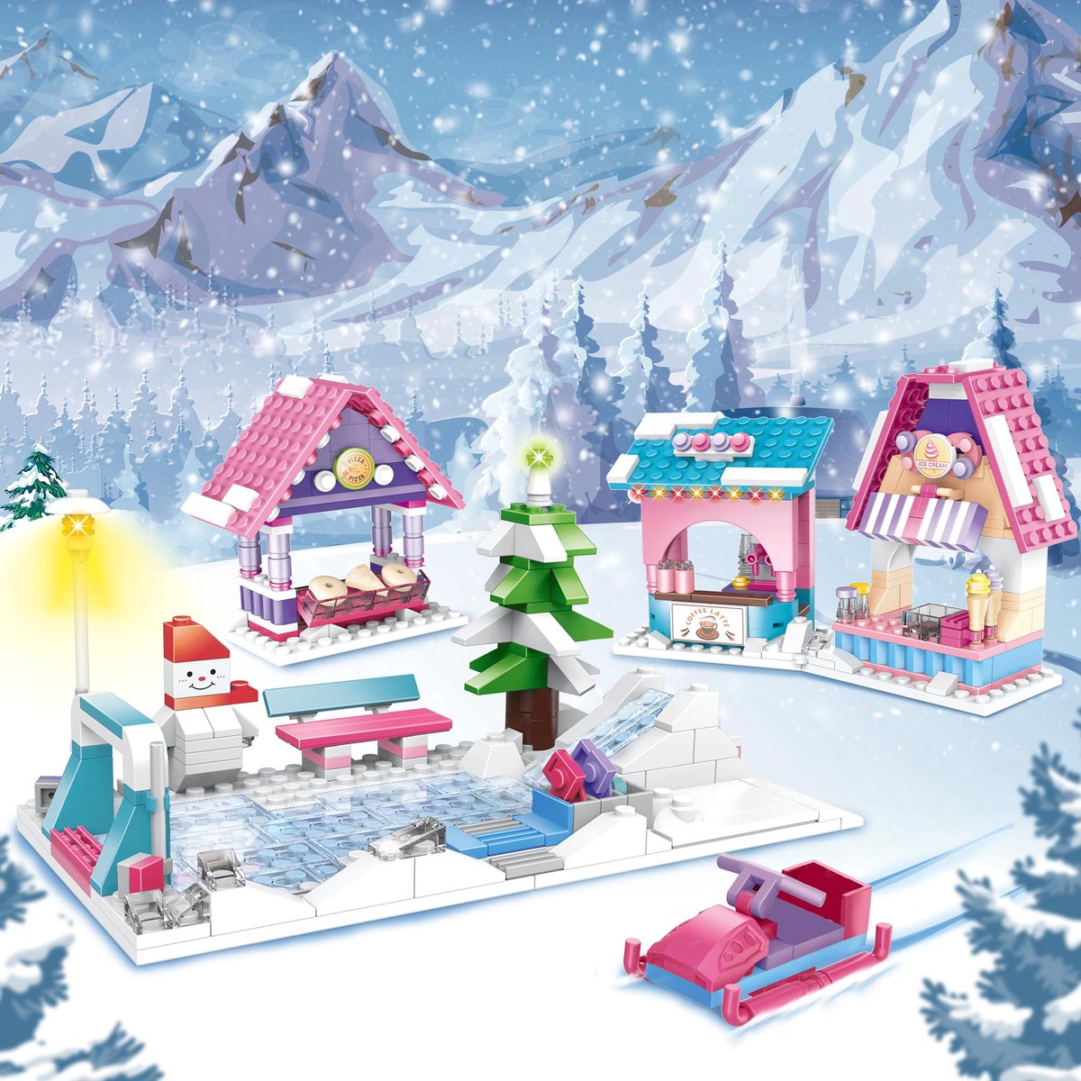 Skiveld-bouwsets voor meisjes van 6-12 jaar - bouwstenen voor skiresorts - speelgoed met winterthema voor kinderen die van sneeuwavonturen houden