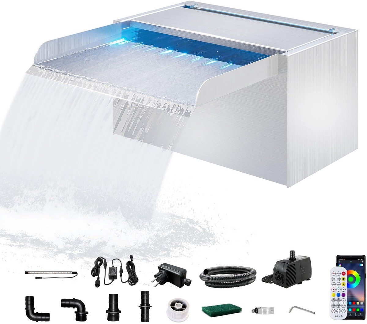 SnelShoppen - 23 cm Vijver Waterval van 304 Roestvrij Staal met Waterpomp, 7 Kleuren Bluetooth LED Tuinfontein voor Tuin en Zwembad