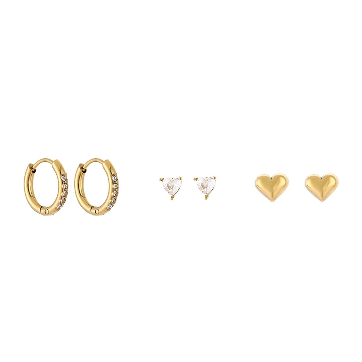 Stainless Steel Driehoek Zirkonia, Hartje & Pavé Hoops Oorbellen Setje – Luxe Curated Ear Set – RVS