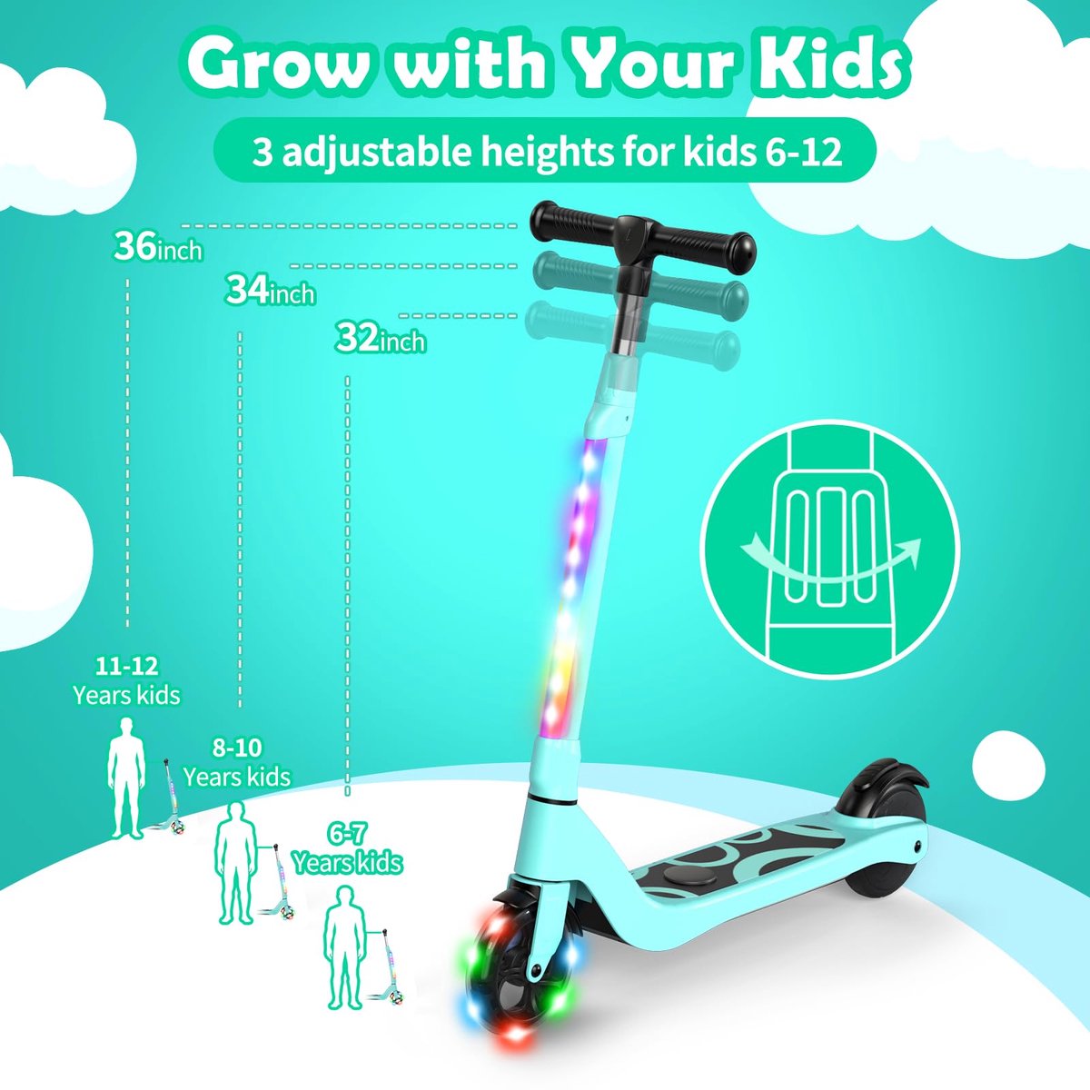 SnelShoppen - Elektrische Step voor Kinderen 6-12 Jaar, Kids E Scooter met LED-verlichting, 3 Verstelbare Hoogtes, Max 70kg, 10km/h Veilig Rijden