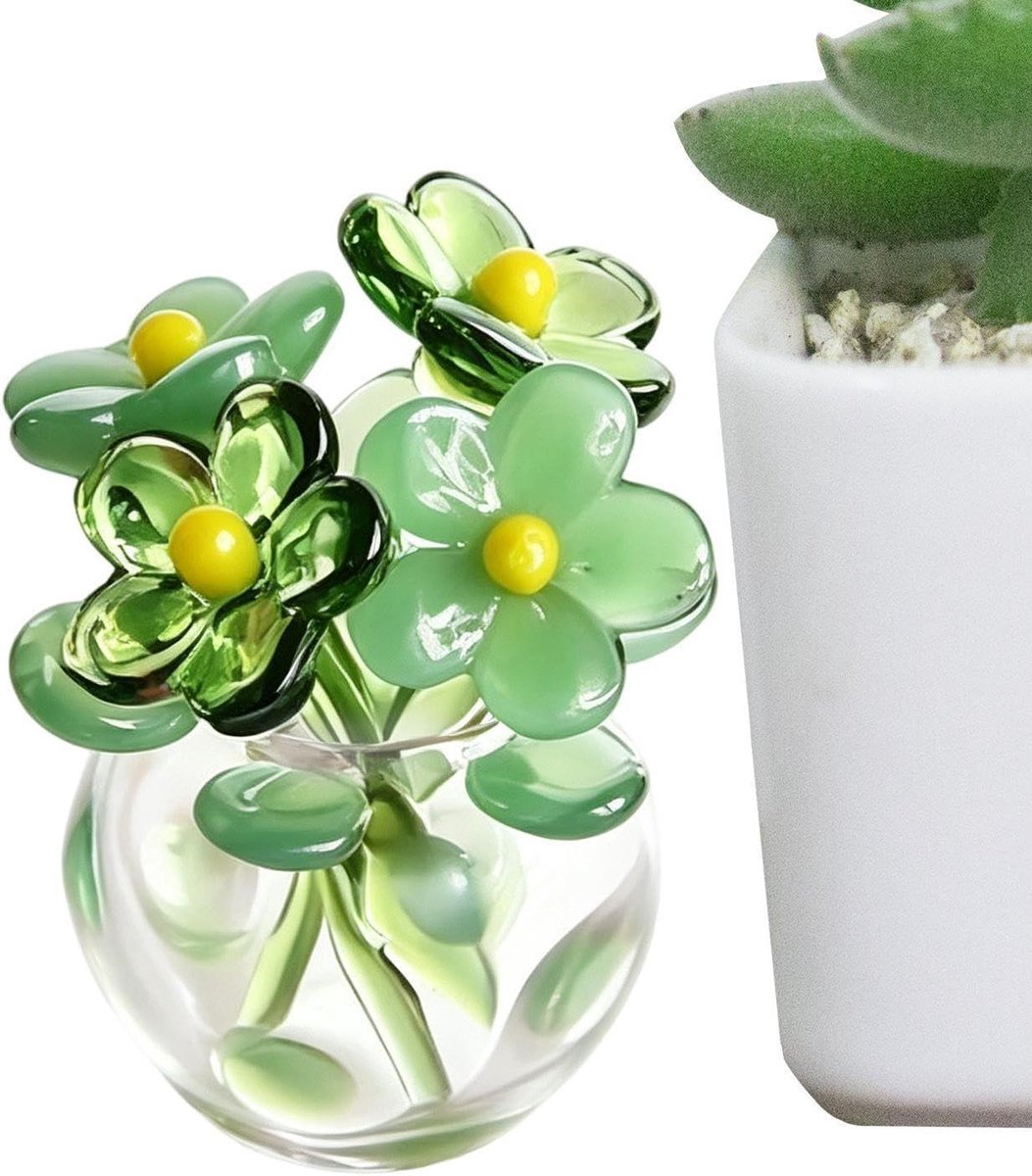 Mini Glazen Bloemen - Kunstboeket Vaas - Tafeldecoratie - Handgemaakt Glaswerk - 6D x 5W x 6H cm - Groen