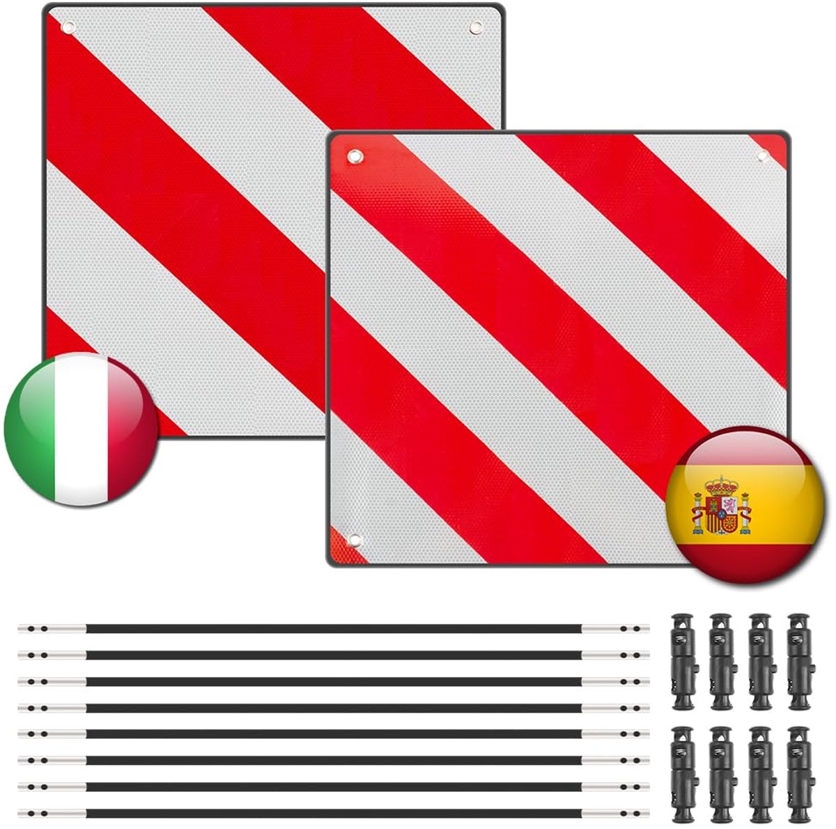 SnelShoppen - 2-in-1 Waarschuwingsbord voor Camper en Fietsendrager, 4 Stuks, Wit Rood met 4 Spantouwen, Ideaal voor Italië en Spanje, Veiligheid op R