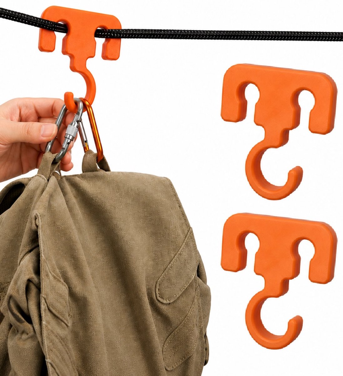 Camping Touwhaak Set (2 Stuks) – Multifunctionele Ophanghaak voor Waslijn, Tent & Kamperen – 3D Geprint – Oranje – Lichtgewicht Outdoor Haak
