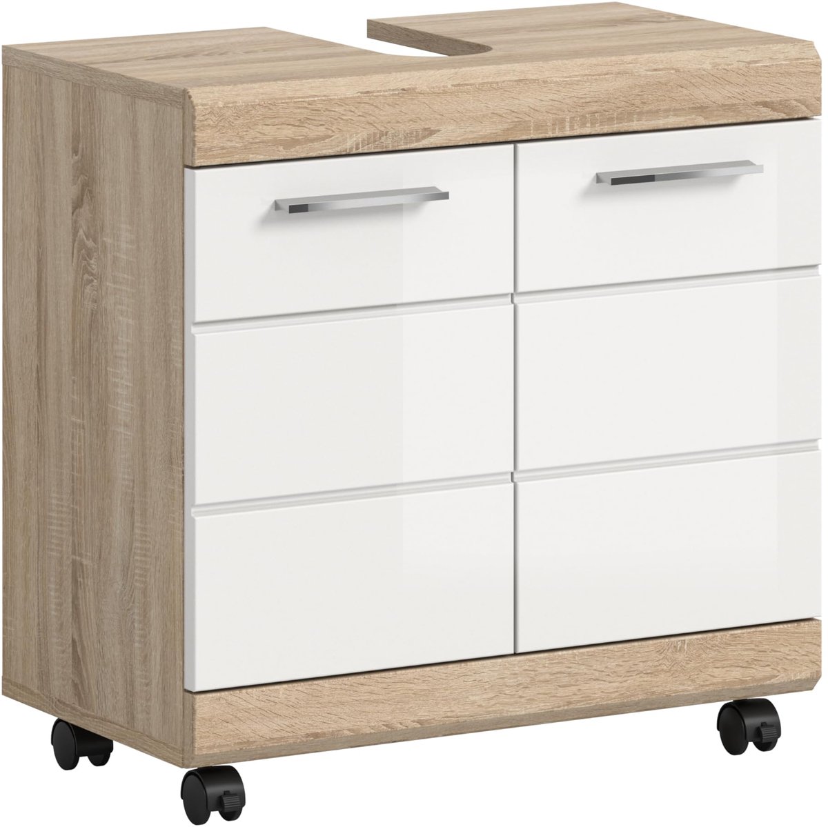 SnelShoppen - Wastafelonderkast Mobiel Lambada 60x60x34 cm - Wit Hoogglans Badkamerkast Op Wielen met Veel Opbergruimte voor Verzorgingsproducten - El