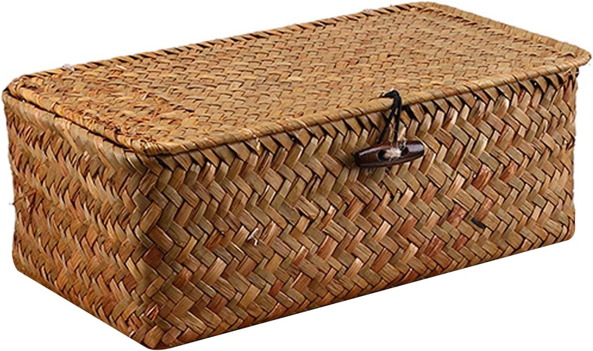 Rieten mand met deksel - Opbergdoos stro - Ruimte organiseren - Handgeweven textuur - 23 x 13 x 8 cm