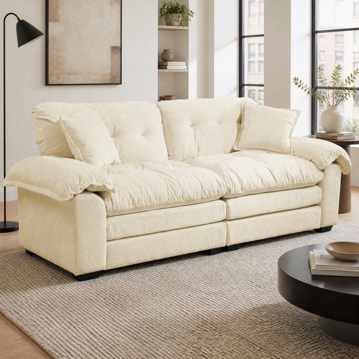 COVREO Bank 213 cm - beige chenille, diepe zit, 2 kussens, 2-zits